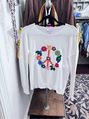 J. Society White Crewneck Sweater with Colorful Floral Peace Sign